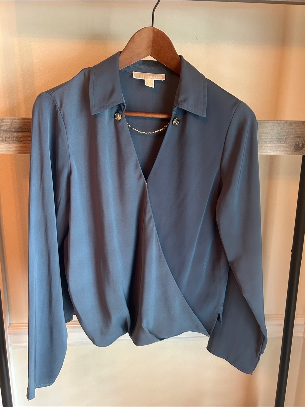 Michael Kors Blue Wrap-Front Blouse with Neck Chain